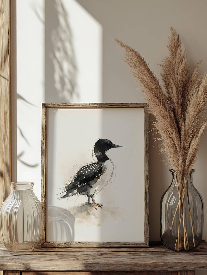 Common Loon standing on soft ground Watercolor Poster Print, waterbird Wall Art, Ink & Wash Nature Decor, Spring Floral Bird Gift for Home