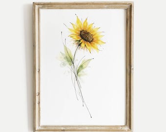 Abstract Sunflower Flower Ink and Watercolor Print, Minimalist Floral Wall Art Poster, Modern Botanical Illustration, Nature Art