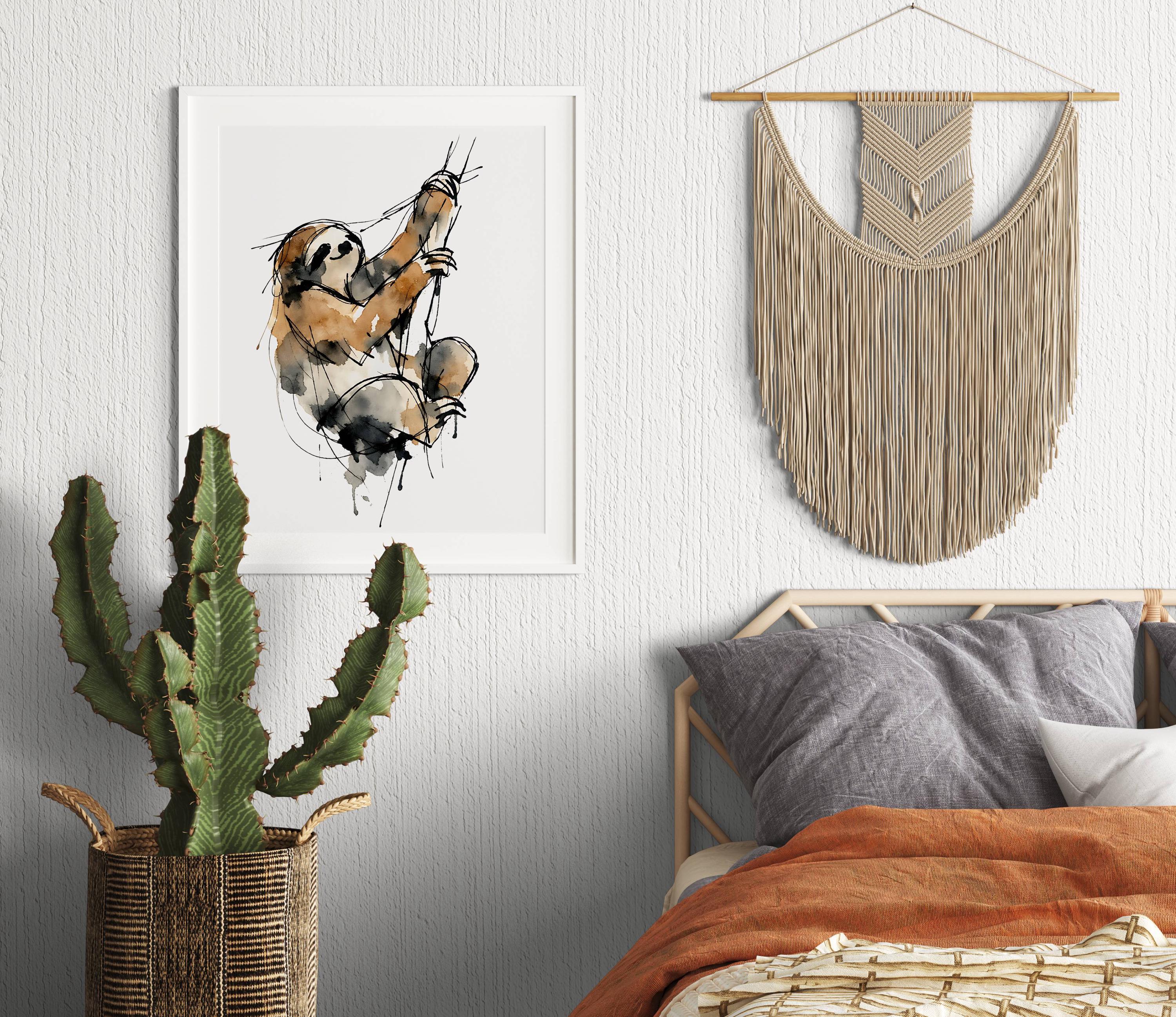 Sloth Minimalist Watercolor Ink Poster Print, Abstract Rainforests ...