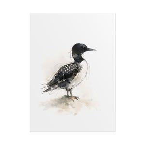 Common Loon standing on soft ground Watercolor Poster Print, waterbird Wall Art, Ink & Wash Nature Decor, Spring Floral Bird Gift for Home