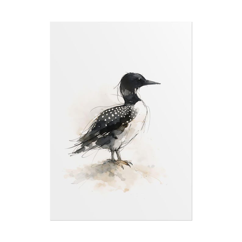 Common Loon standing on soft ground Watercolor Poster Print, waterbird Wall Art, Ink & Wash Nature Decor, Spring Floral Bird Gift for Home