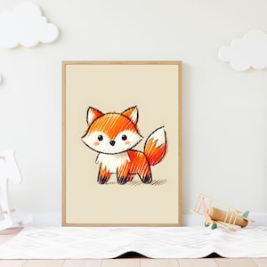 Fox Crayon Poster Art Print Illustration for Nursery, Newborn, Children&#39;s Room, Woodland Wildlife Animals, Wall Decor, Kids Gift, Print Only