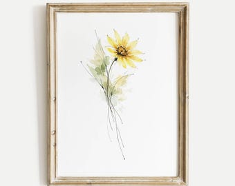 Abstract Arrowleaf Balsamroot Flower Ink and Watercolor Print, Minimalist Floral Wall Art, Modern Botanical Illustration, Nature Art Decor