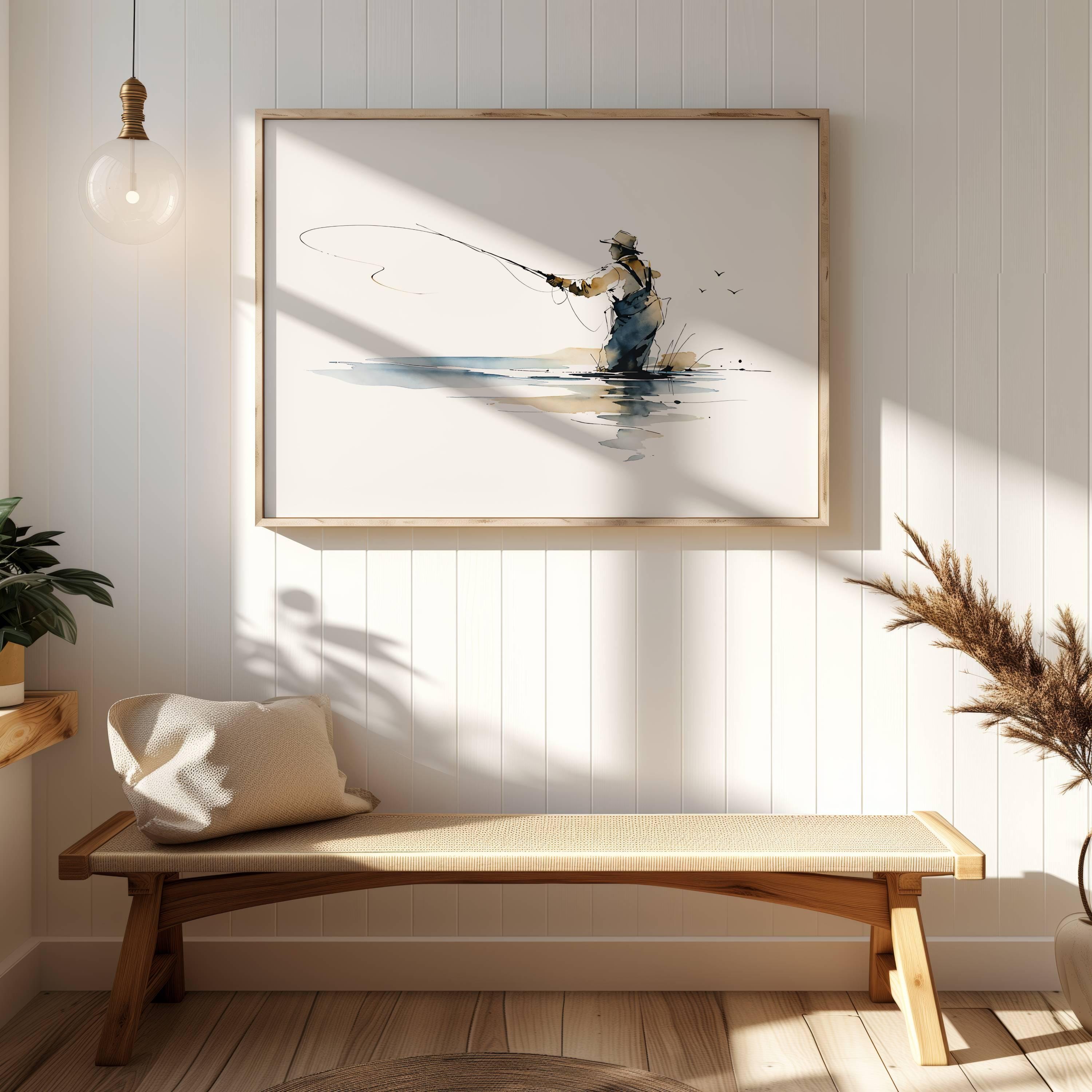 Fly Fishing in a River Watercolor Ink Wall Art Print, Scenic Landscape ...