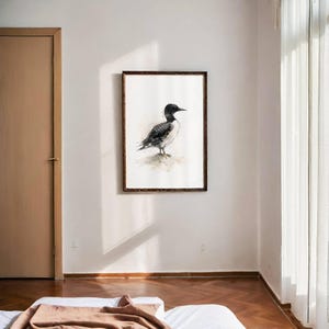 Common Loon standing on soft ground Watercolor Poster Print, waterbird Wall Art, Ink & Wash Nature Decor, Spring Floral Bird Gift for Home