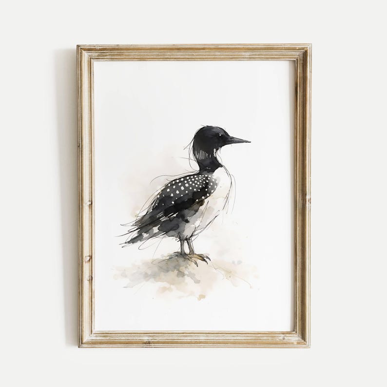 Common Loon standing on soft ground Watercolor Poster Print, waterbird Wall Art, Ink & Wash Nature Decor, Spring Floral Bird Gift for Home