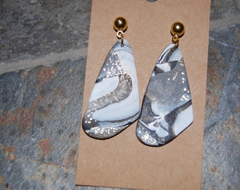 Polymer clay, dangle earrings, white, gray, gold earrings, elegant earrings, classic earrings