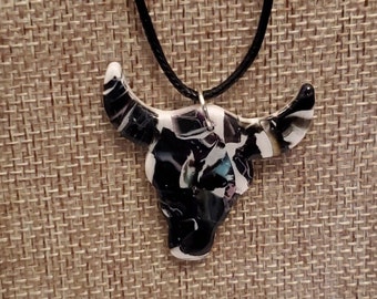 White, black and blue handmade polymer clay bull pendant necklace