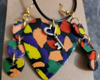 Multicolored heart necklace with key and dangle earrings with three hearts. Handmade polymer clay.