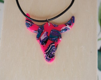 Pink multi color bull necklace. Handmade of polymer clay.