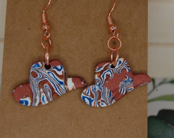 Copper and blue cowboy hat earrings. Handmade of polymer clay. Hypoallergenic