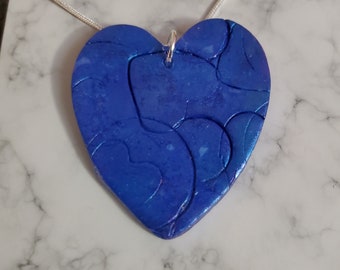 Blue heart necklace handmade polymer clay.