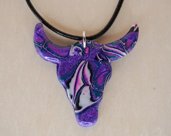 Purple multicolor western bull necklace. Handmade of polymer clay.