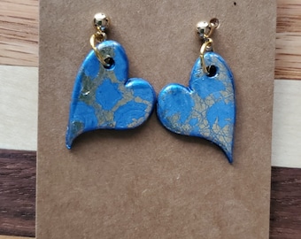 Blue and gold heart earrings. Handmade polymer clay with hypoallergenic posts.