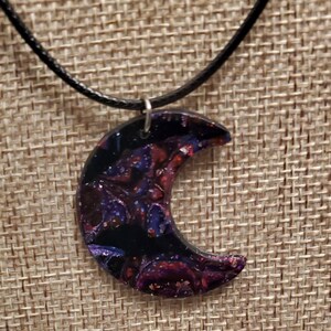 Moon black, purple metallic and red stripes. Handmade polymer clay necklace is reversable. image 1