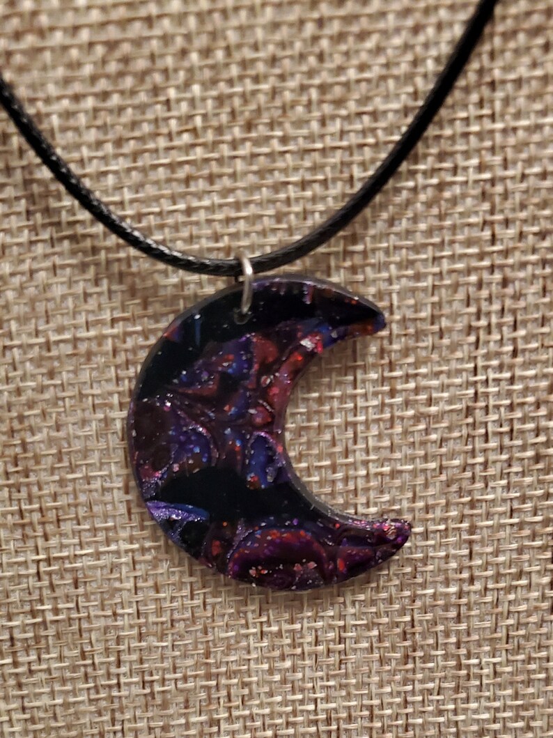 Moon black, purple metallic and red stripes. Handmade polymer clay necklace is reversable. image 1