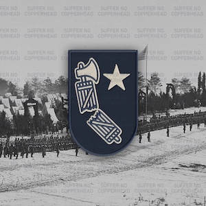 May include: A navy blue patch with a white star and a design featuring an axe and a bundle of sticks. The patch is set against a black and white historical image of soldiers and tents.