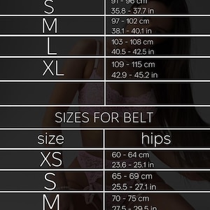 Puede incluir: Tabla de tallas para bragas y cinturones. La tabla muestra las tallas XS a XL con las medidas de cadera correspondientes en pulgadas y cent&iacute;metros.