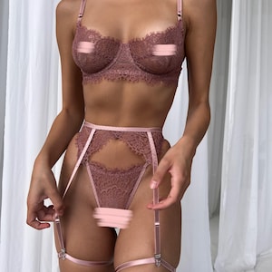 Pink Lace lingerie, Embroidered lingerie set, Pink  lingerie set, Handmade lingerie, Lingerie set, Underwear, Lace bra,Lingerie for women