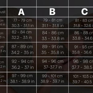 Puede incluir: Un gr&aacute;fico que muestra las tallas de sujetador y las medidas correspondientes de debajo del busto en pulgadas y cent&iacute;metros. El gr&aacute;fico est&aacute; dividido en cuatro columnas etiquetadas A, B, C y D, que representan las tallas de copa de sujetador. Cada fila representa una talla de sujetador diferente, con las medidas correspondientes de debajo del busto enumeradas tanto en pulgadas como en cent&iacute;metros.