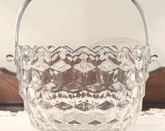 Fostoria American Ice Bucket with Handle • Vintage Clear Cube Pattern Barware • 1940s-50s