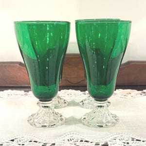 Vintage Anchor Hocking Green Bubble Foot Goblets • Forest Green Midcentury Water Glasses Set of 4