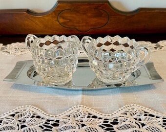 Fostoria American Clear Glass Creamer and Sugar Set • 1950s Midcentury Cube Pattern