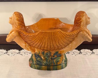 Italian Majolica Figural Centerpiece Bowl | Vintage Mid‑Century Pottery | Large Decorative Piece