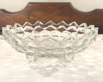 Fostoria American 3‑Footed Low Candy or Serving Bowl • Clear Cubist Pressed Glass