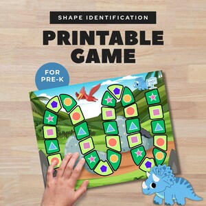 May include: A printable shape identification game for pre-K children. The game board features a path of colorful shapes, including stars, squares, triangles, and circles, with a dinosaur theme. The text "Shape Identification" and "Printable Game" are displayed.
