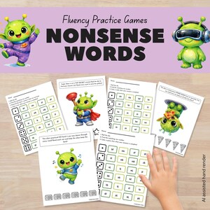 May include: A set of Fluency Practice Games Nonsense Words worksheets featuring green alien illustrations. The pages include grids of nonsense words, dice icons, and instructions for reading and coloring. The header text reads Fluency Practice Games NONSENSE WORDS.