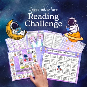 May include: A space-themed reading challenge kit featuring printed activity sheets, including a Summer Reading Rocket Ship Bingo card, a reading log, and a bucket list, all decorated with illustrations of astronauts on moons and planets.