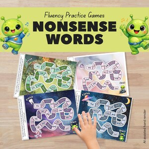 May include: Four educational game boards titled Fluency Practice Games Nonsense Words featuring green alien characters. Each board displays a winding path of connected shapes containing nonsense words, with start and finish points on colorful backgrounds.