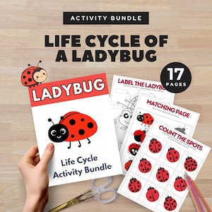 Pode incluir: Um conjunto de páginas de atividades educativas com o texto "Ciclo de Vida de uma Joaninha". A capa apresenta uma ilustração de joaninha vermelha. Páginas adicionais incluem "Label the Ladybug", "Matching Page" e "Count the Spots". O conjunto contém 17 páginas.