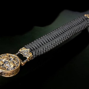 Samurai Paracord Bracelet with Bronze Warrior Clasp, Handmade Black Cord Wristband, Original Gift for Men, Japanese Style Wide Cord Brace