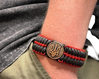 Handmade Black Paracord Bracelet, Ukrainian Trident, Military Gift