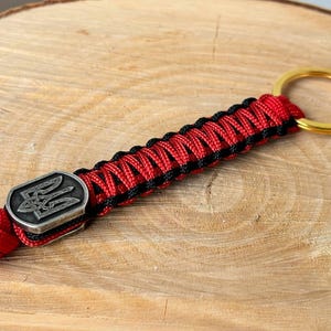 Black and Red Paracord Keychain with Ukrainian Trident Bead, Handmade Viking Style Lanyard, Original Cord Keyring Accessory Gift for Him