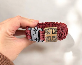 Handmade Paracord Bracelet, Union Jack Bead, Cobra Clasp, Wine Red, United Kingdom