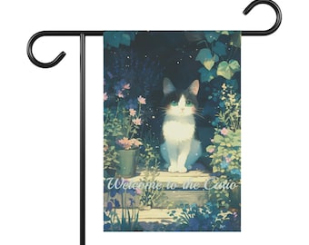 Whiskered Cat Welcome Garden Flag | House Banner, Floral Pathway