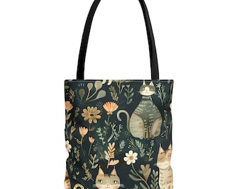Whimsical Floral Cats Tote Bag | All-Over Print