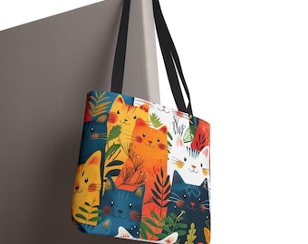 Colorful Cat Pattern Tote Bag | Illustrated Cats, Floral Foliage Print