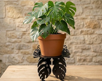 Metal Plant Stand: Cottagecore Metal Planter Riser with Monstera Leaf Design