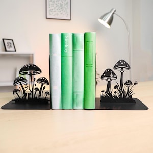 Bookends Mushroom Metal Bookends Black Bookshelf Decor Unique Gift for Book Lovers Fantasy Home Library Organizer Book Stand Holder