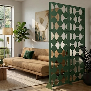 Modern Green Room Divider: Laser Cut Metal Divider with Geometric Pattern