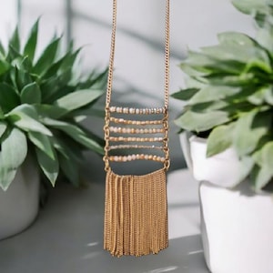 Long Tassle Fringe Beaded Necklace, Gold Tone