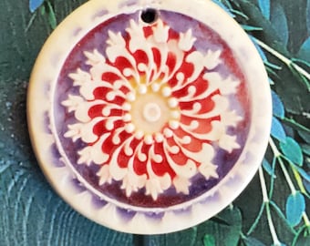 Purple and Red Medallion Ceramic Handmade Focal Necklace Pendant DIY Focal Charm for Jewelry, Handcrafted Artisan Bead