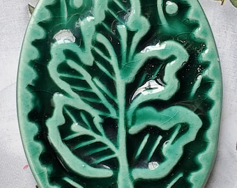 Green Leaf Stamped Oval Pendant, Bright Ceramic design pendant, large, Pottery pendant, Clay