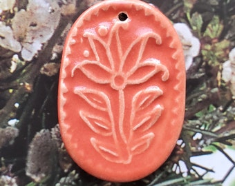 Red Orange Flower Textural Handmade Ceramic Focal Necklace Pendant DIY Focal Charm for Jewelry, Handcrafted Artisan Bead