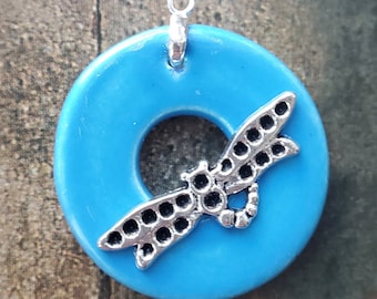 Turquoise Dragonfly Circle Clasp - Large Ceramic Circle Focal Toggle Clasp