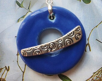 Blue Gloss Circle Clasp - Large Ceramic Circle Focal Toggle Clasp